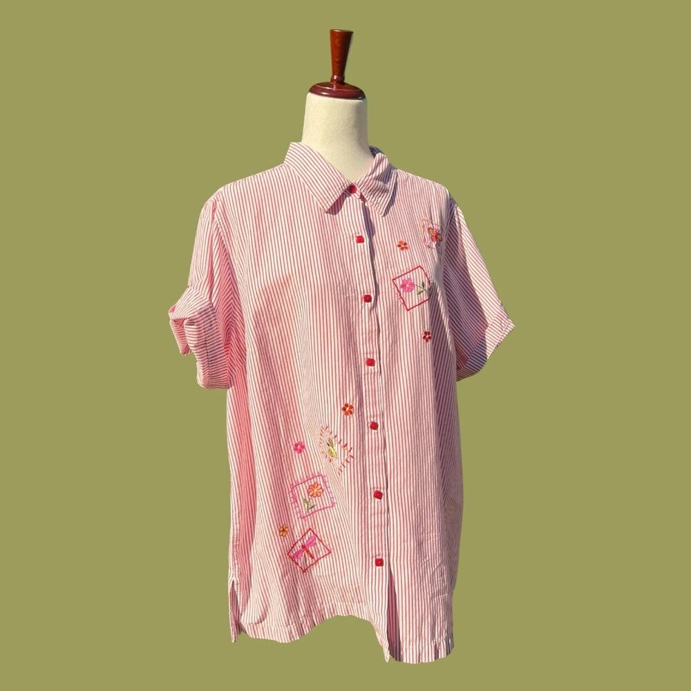 White Stag Women’s Striped Embroidered Button Up Blouse Sz 18W/20W Cottagecore